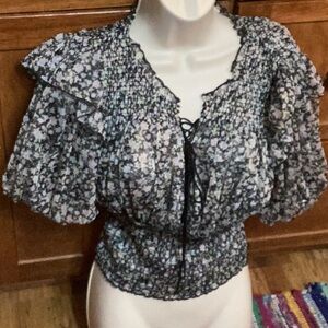 Free People Beatrice Sheer Top in Black Combo Size X Small Ruffled Ballon Sleeve